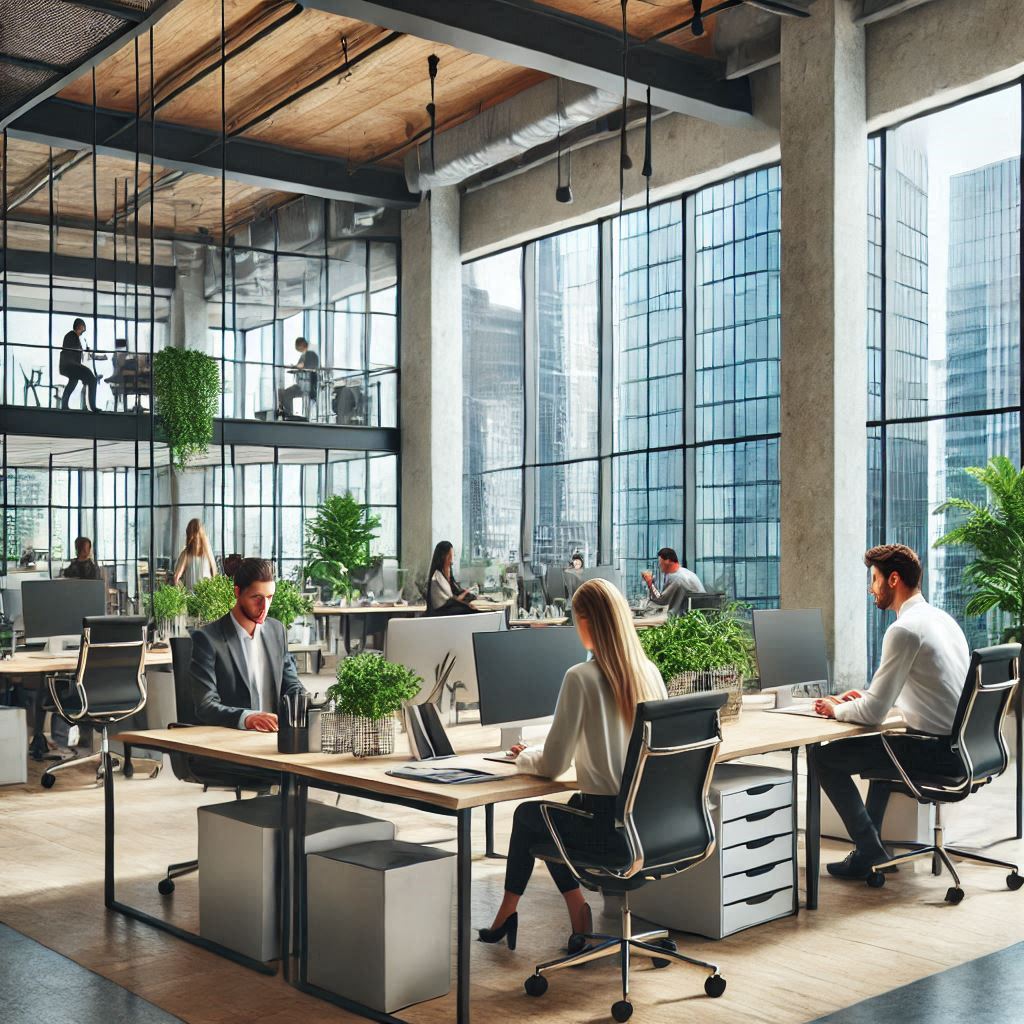 Modern office workspace with employees and greenery.